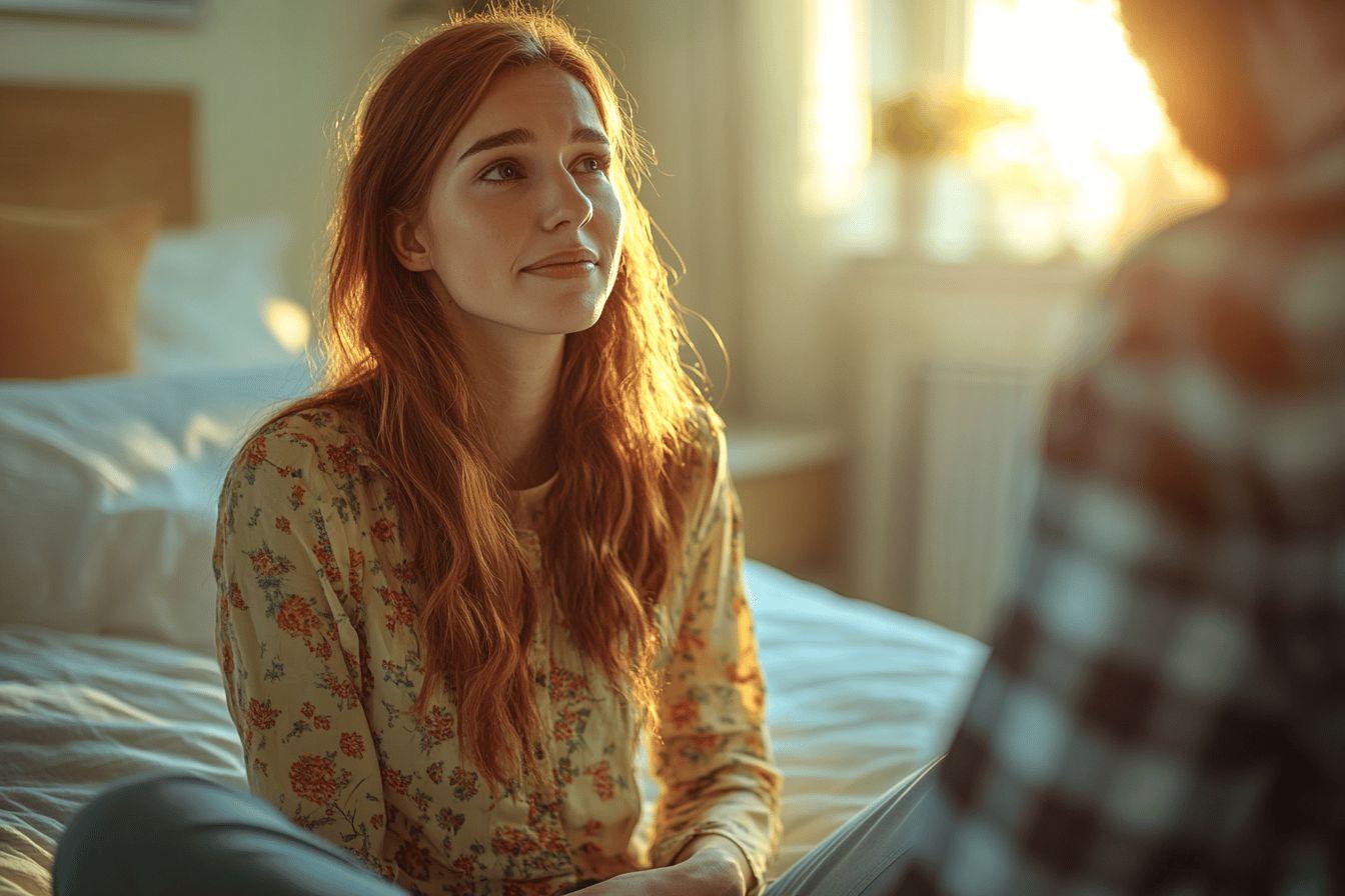 Femme aux longs cheveux roux dans une chambre lumineuse