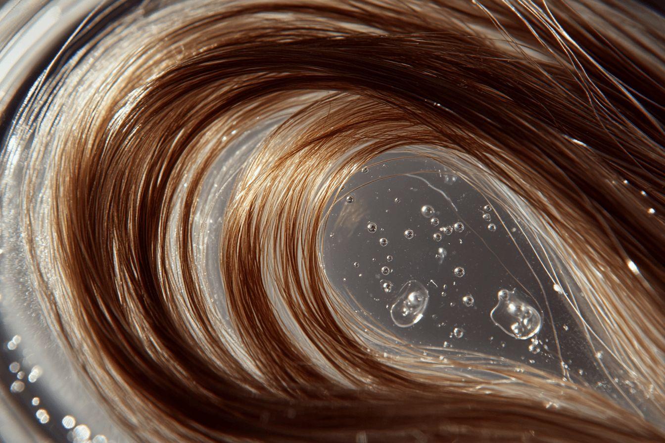 Gros plan de boucles de cheveux bruns avec des gouttes d'eau