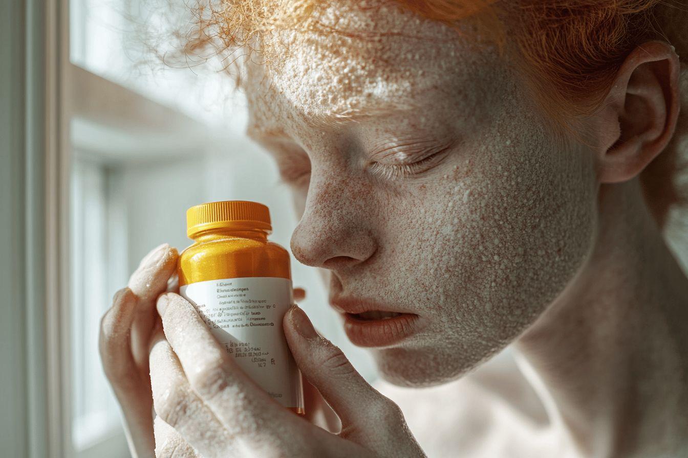 Gros plan d'un visage avec bouteille de médicaments jaune