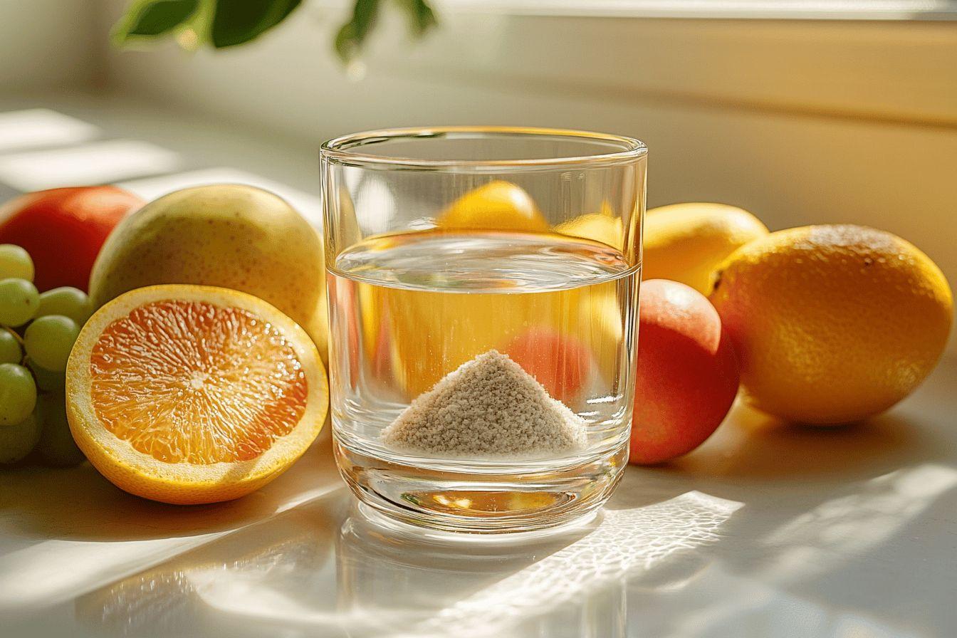 Verre d'eau, tas de poudre, agrumes et raisins frais