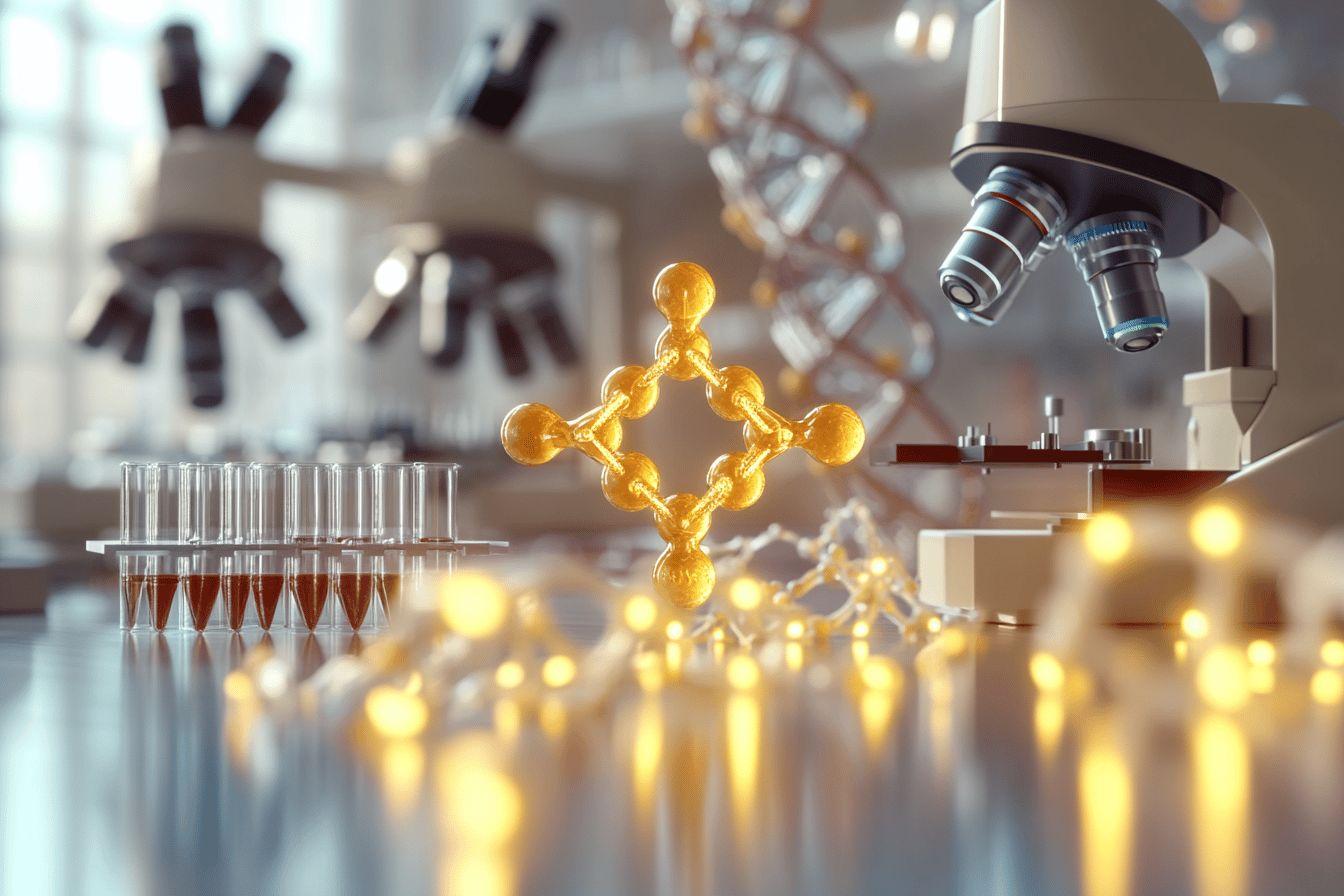 Structure moléculaire dorée avec microscope et tubes à essai
