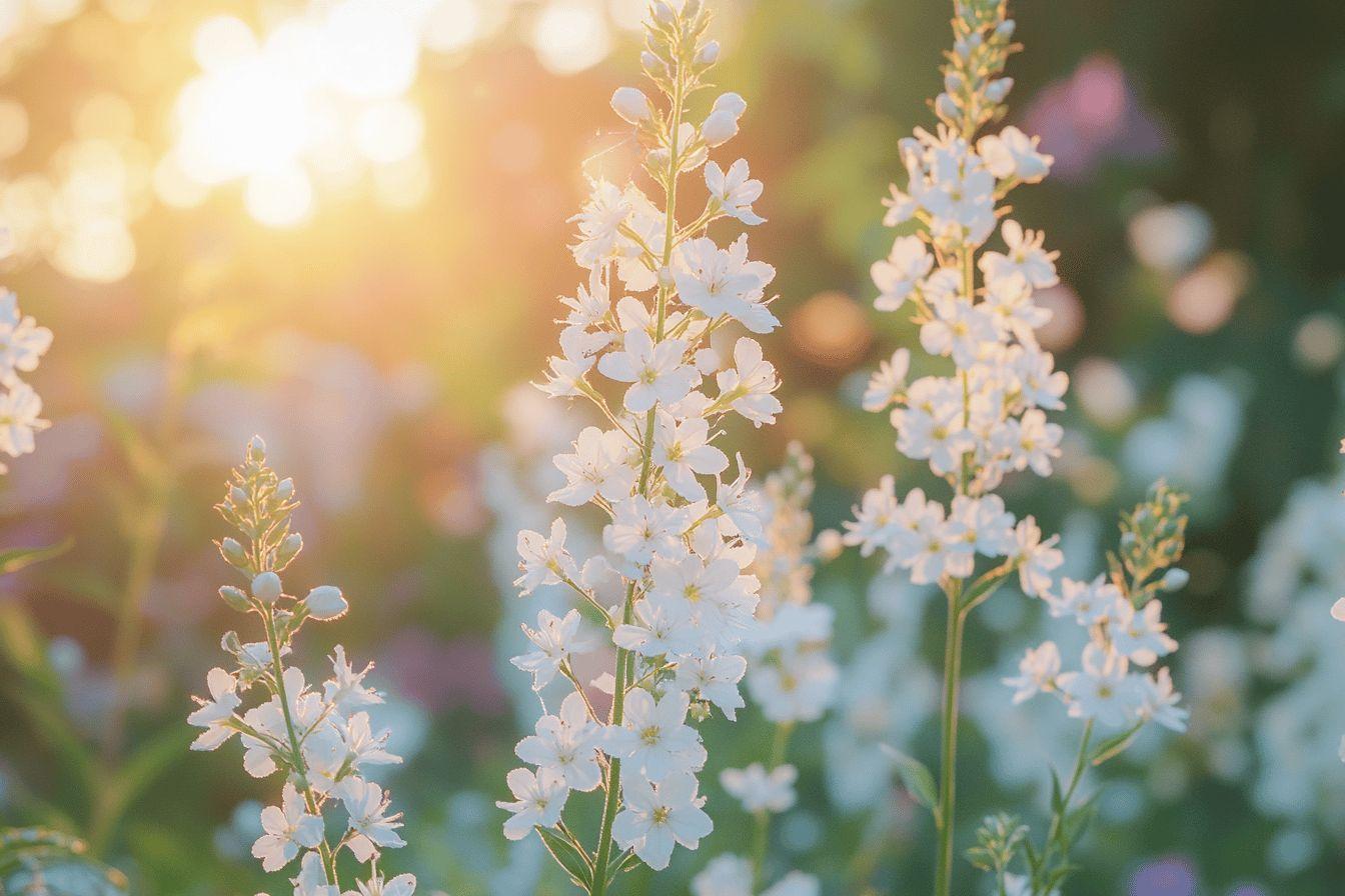 Grappes de fleurs blanches délicates éclairées par la lumière dorée