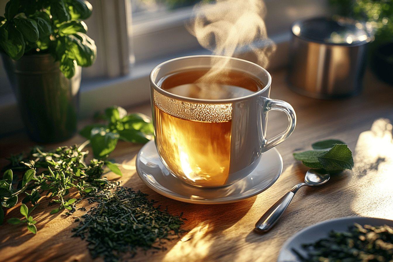 Tasse de thé fumant avec des feuilles vertes sur table en bois