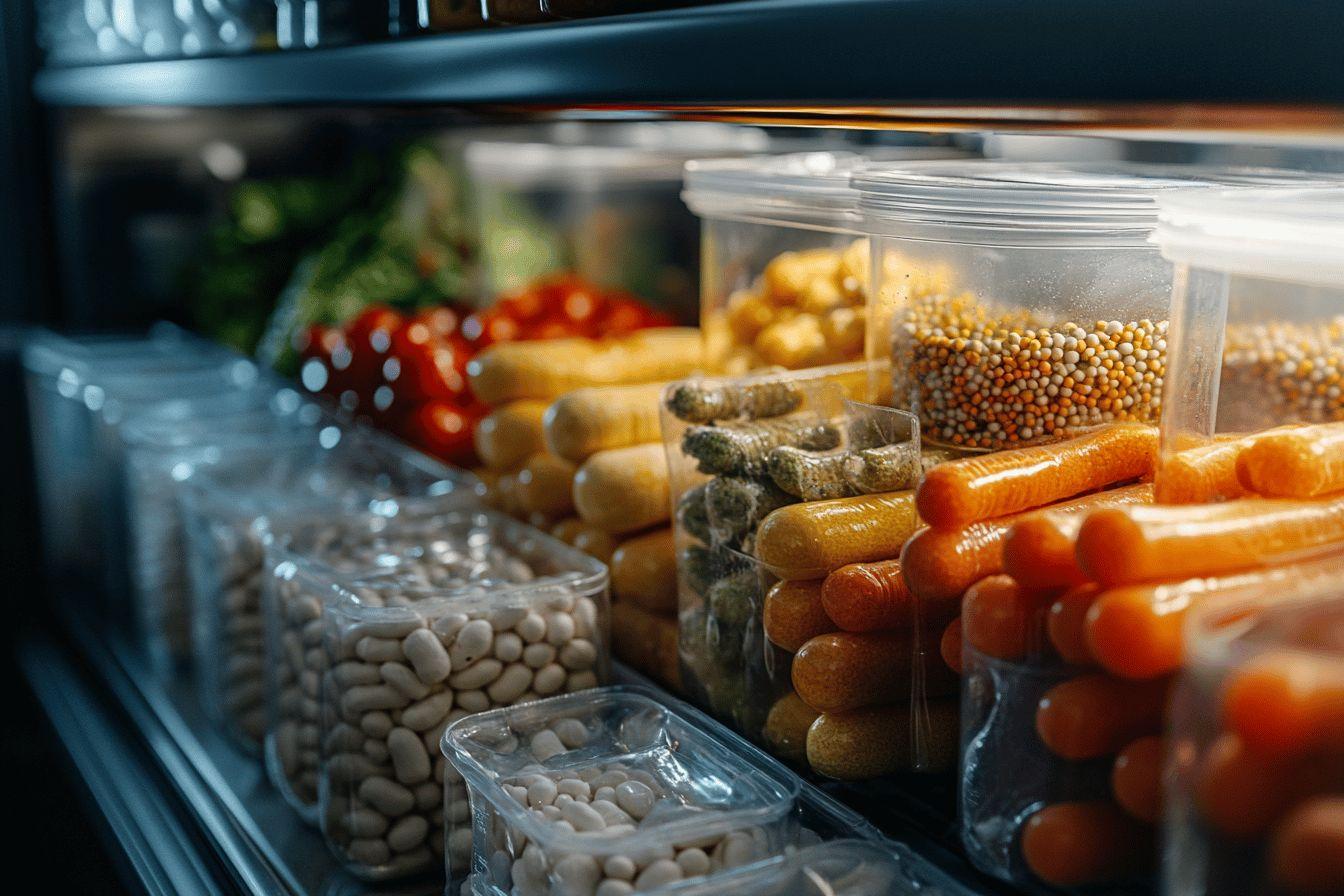 Bocaux transparents remplis de légumes et graines colorés