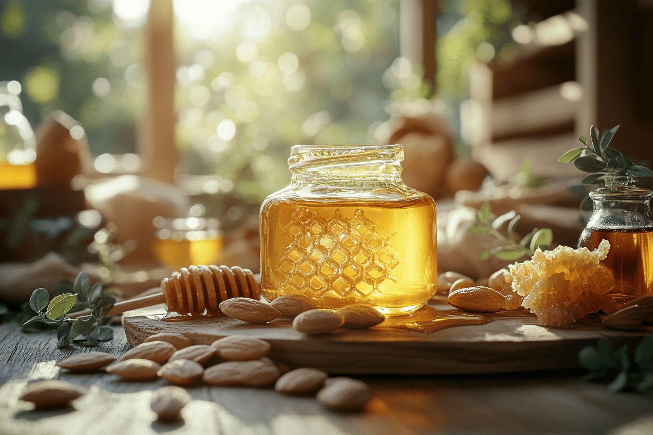 Pot de miel, amandes et rayon sur table en bois