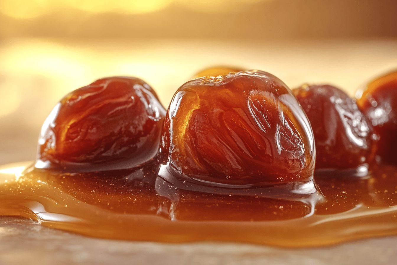 Dattes brillantes sur un fond doré de caramel