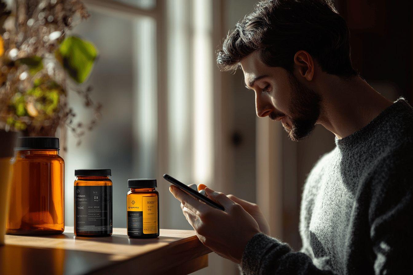 Homme barbu consultant son téléphone près de flacons de vitamines