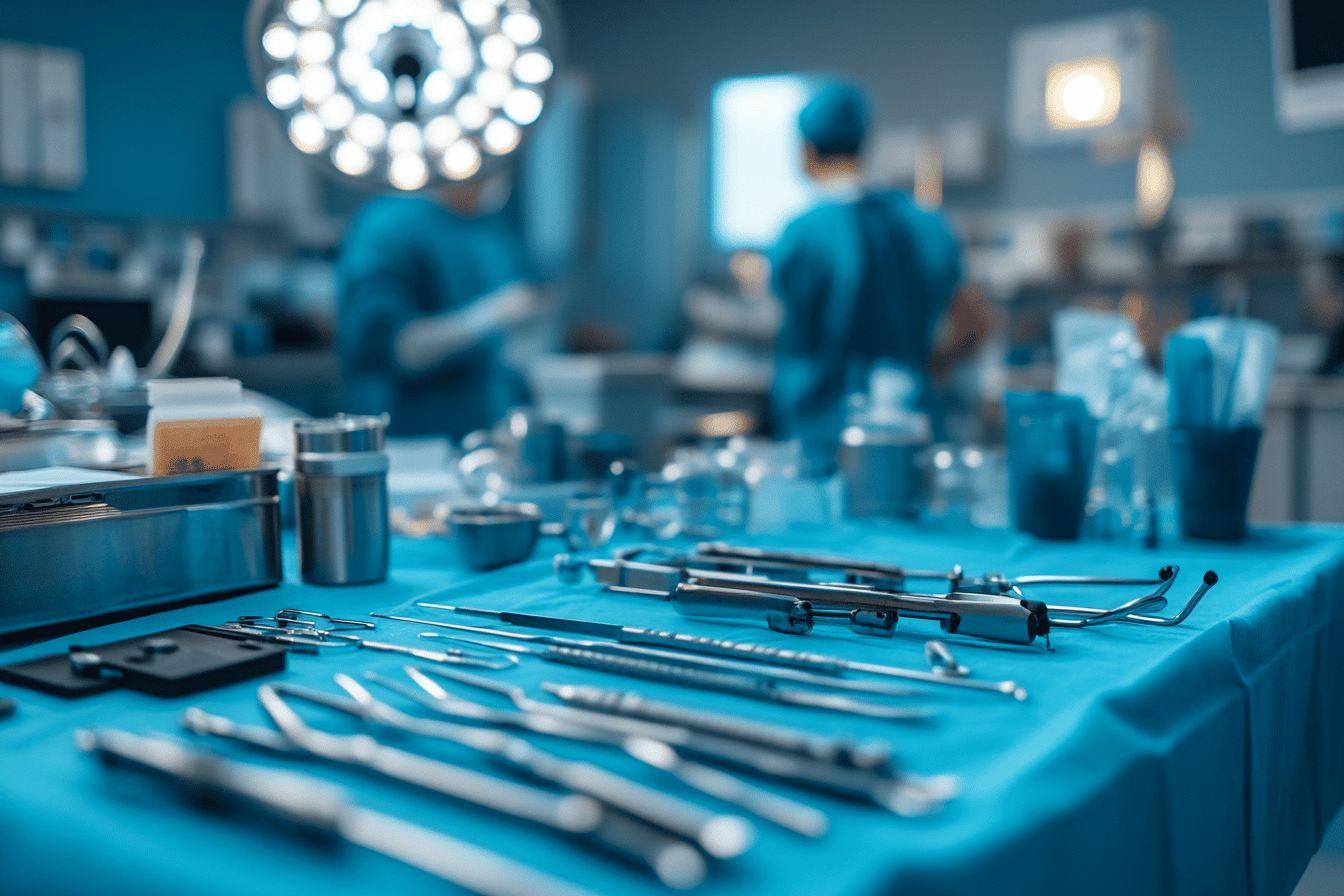 Table bleue avec divers outils médicaux, personnel en arrière-plan