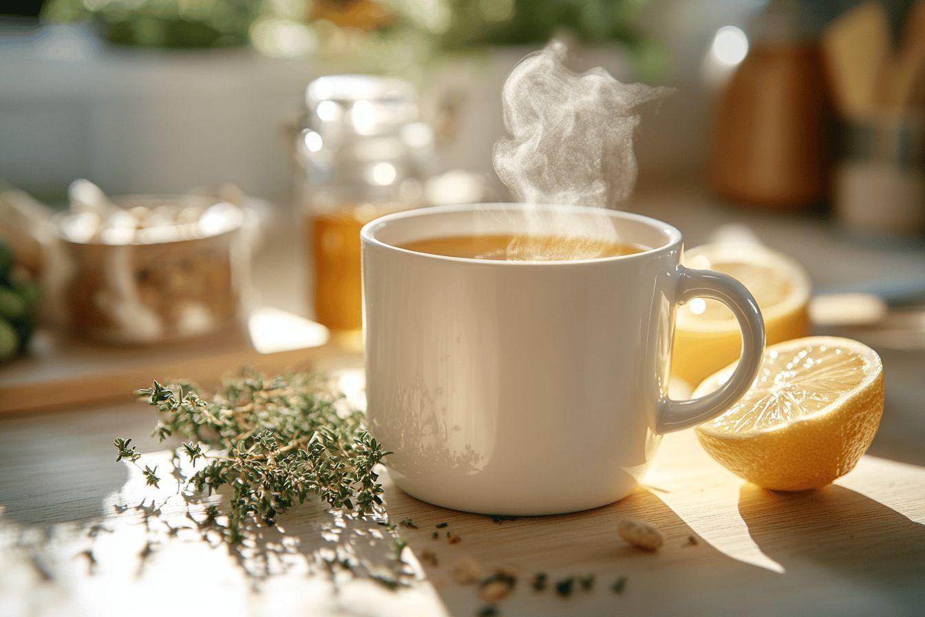 Tasse blanche fumante avec citron et branches d'herbes