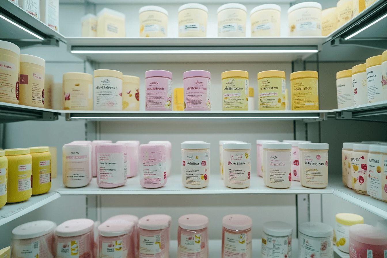 Rayonnage avec bocaux en plastique roses, jaunes et blancs