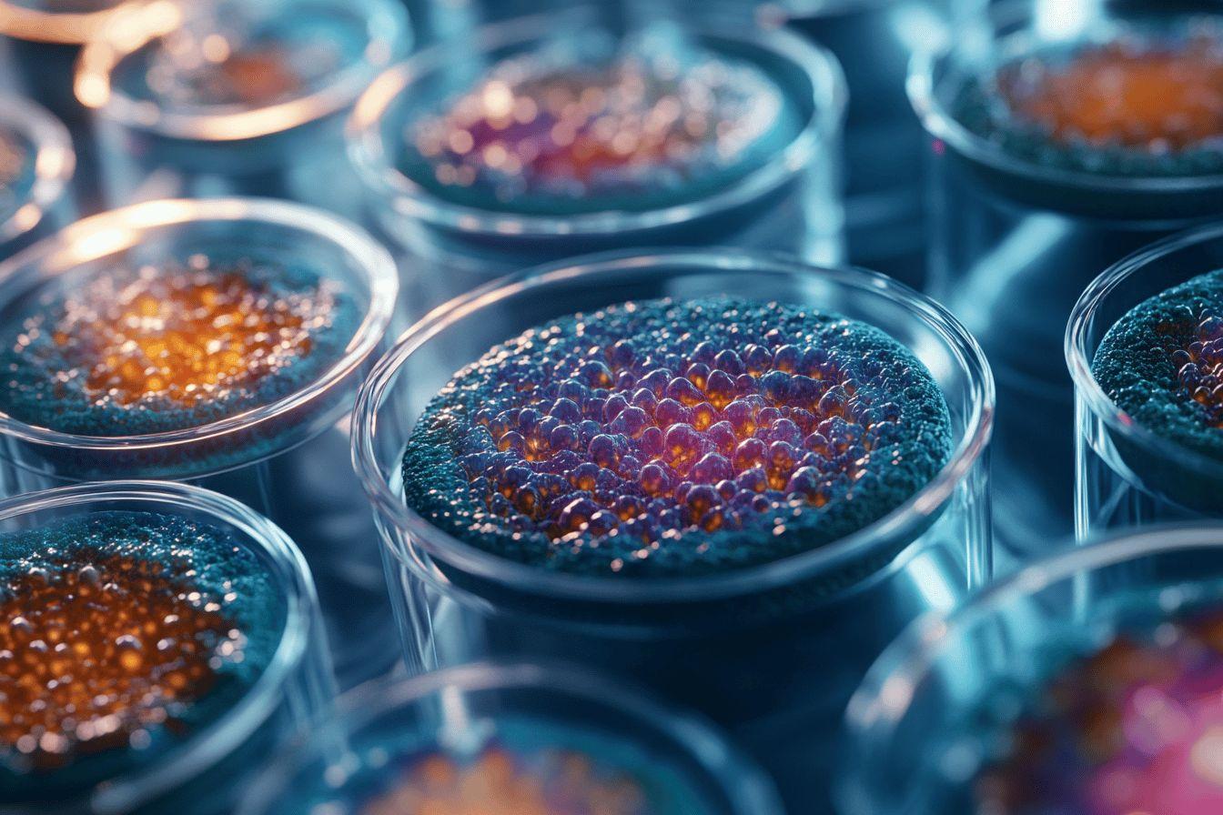 Boîtes de Petri contenant des échantillons colorés de cultures cellulaires