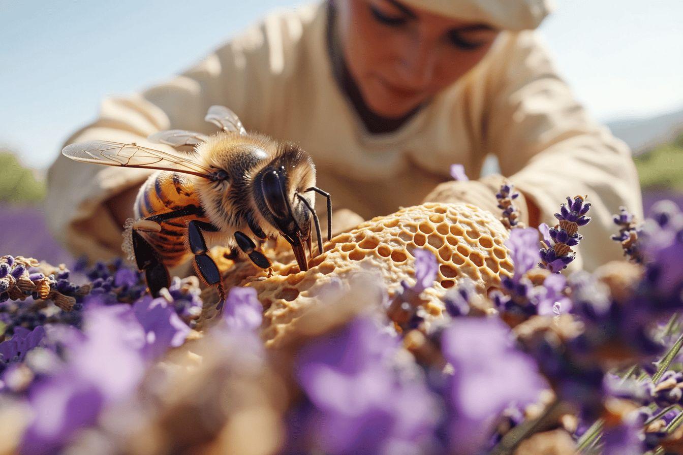 Abeille détaillée sur un rayon de miel parmi des fleurs de lavande