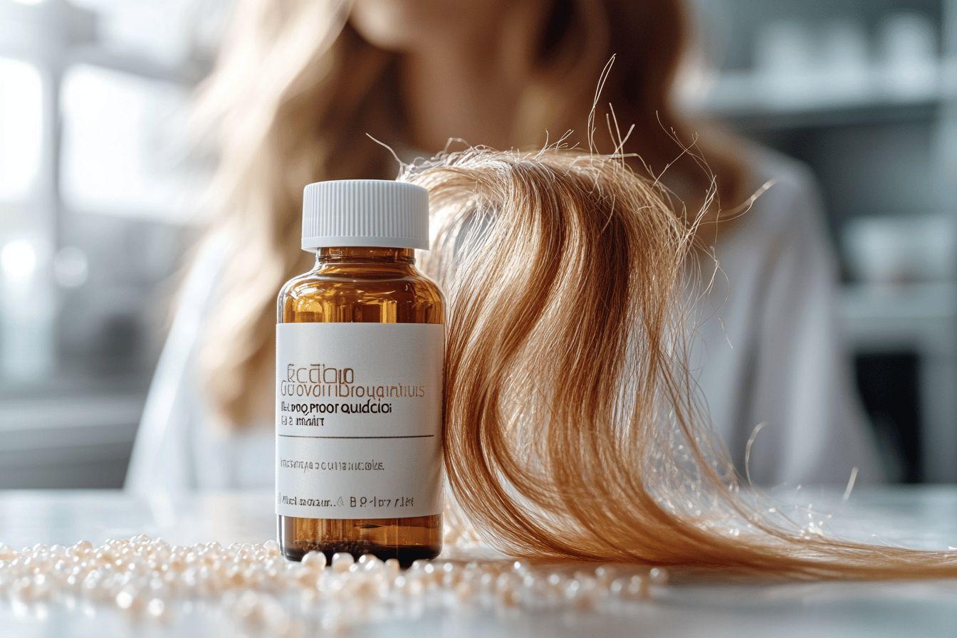 Flacon ambre et mèche de cheveux sur perles blanches