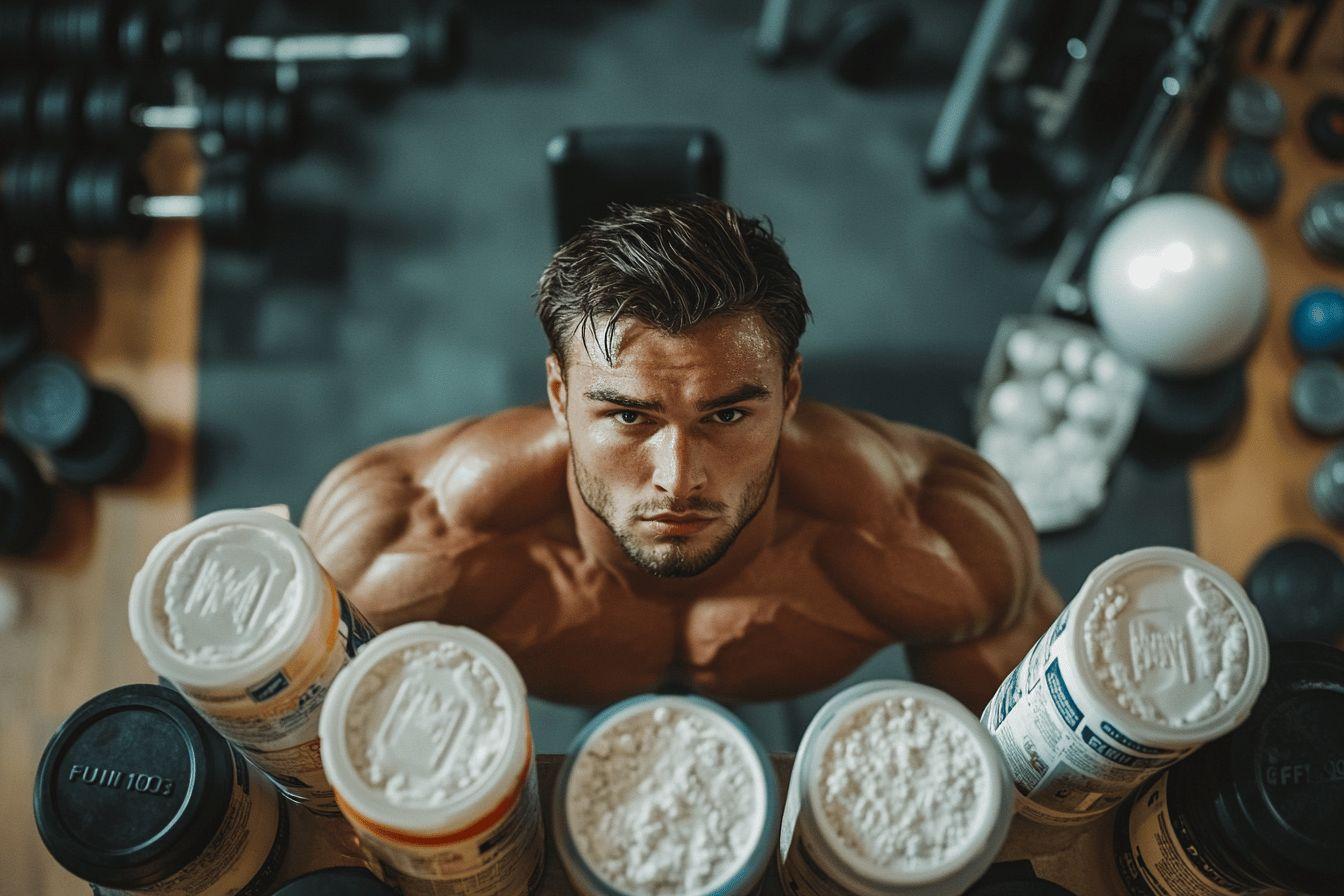Athlète musclé entouré de pots de protéines dans une salle
