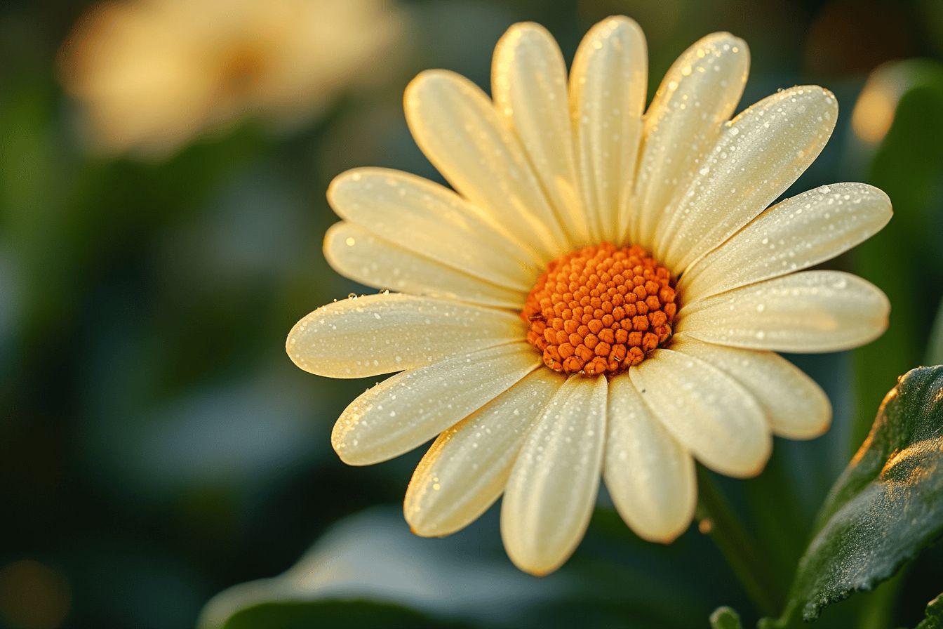 Gros plan d'une marguerite jaune avec rosée matinale