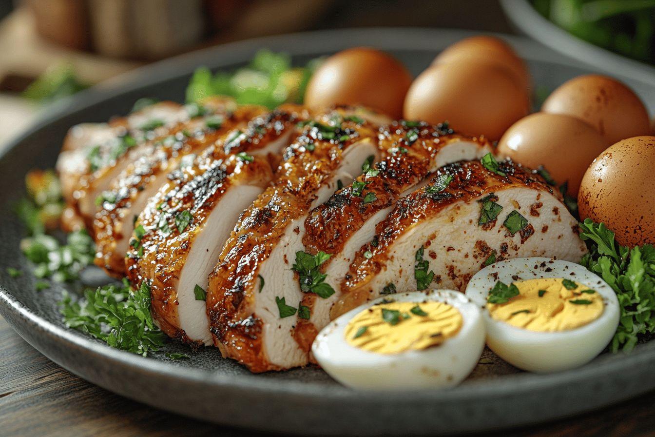 Poulet rôti doré tranché avec œufs durs sur assiette verte