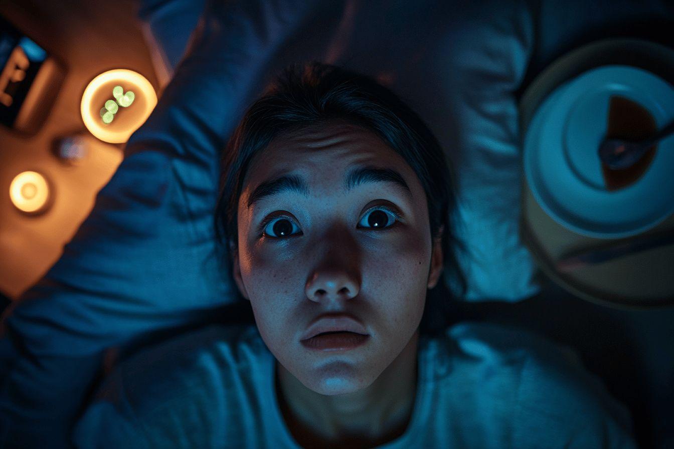 Visage éveillé et apeuré dans une ambiance sombre bleutée