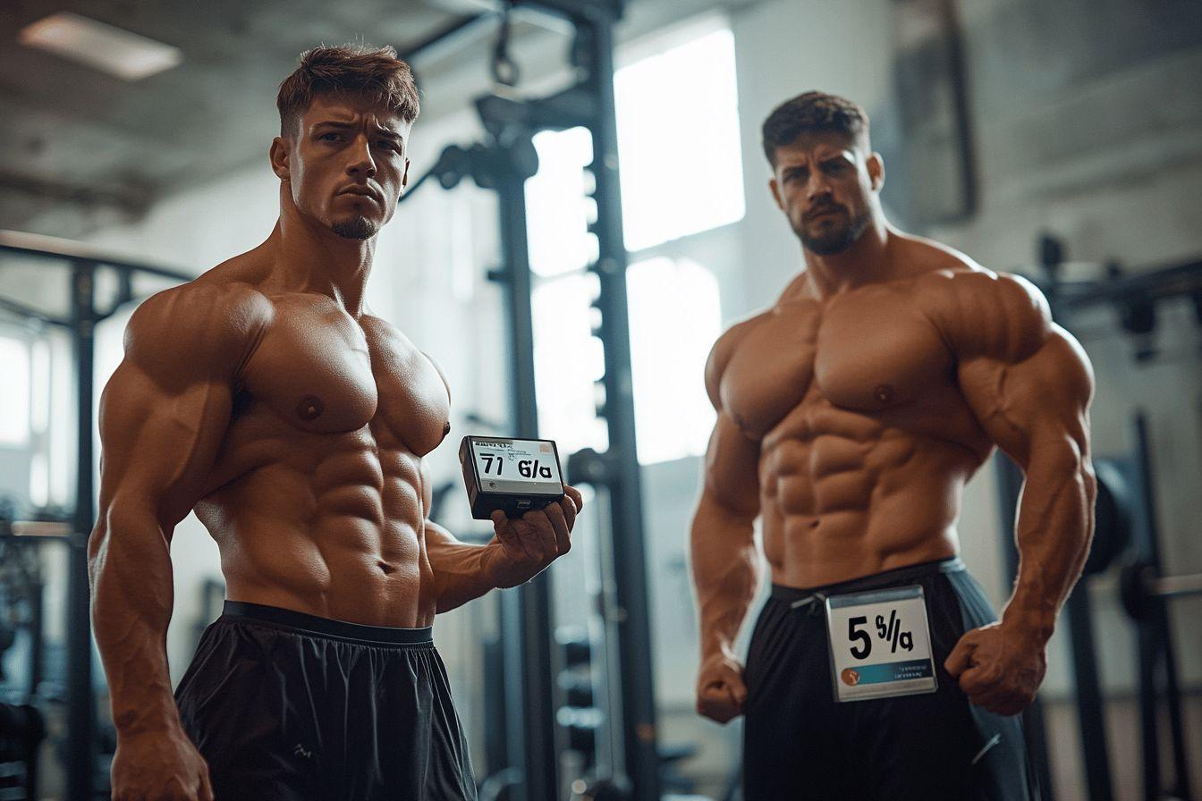 Deux culturistes musclés avec des numéros dans un gymnase