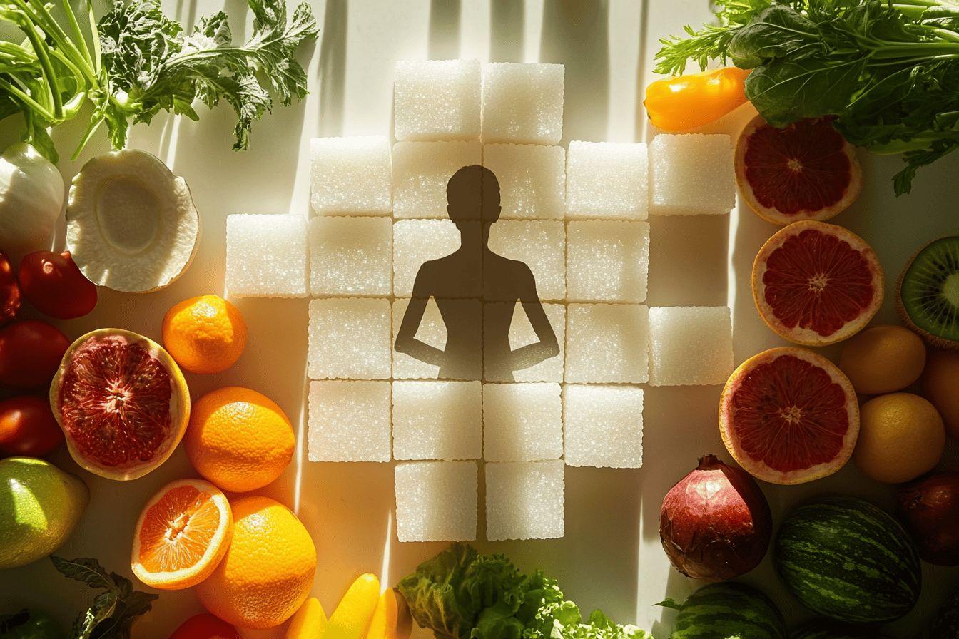 Fruits et légumes autour d'une silhouette en cubes de sucre