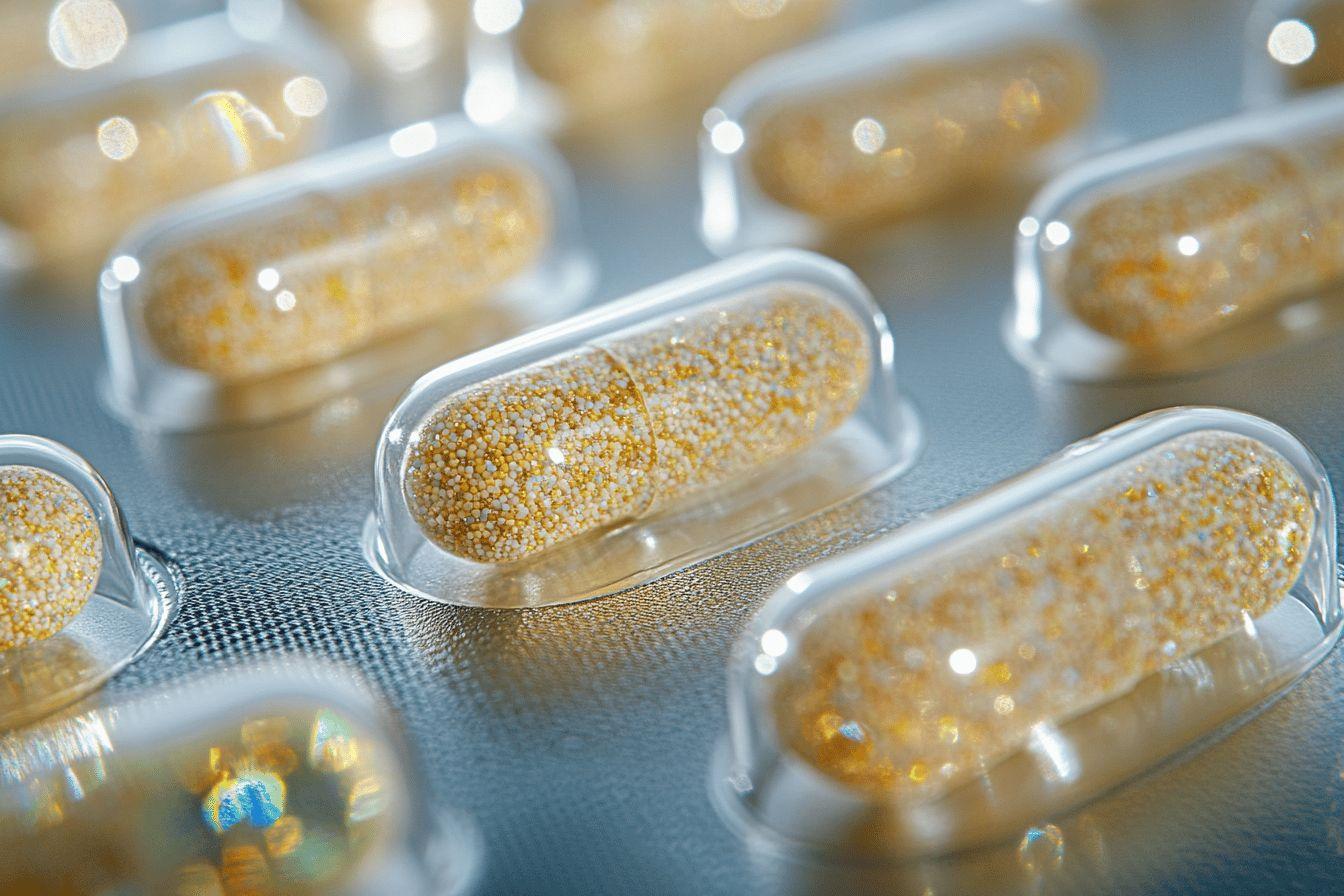 Gros plan sur des pilules brillantes avec des microbilles dorées