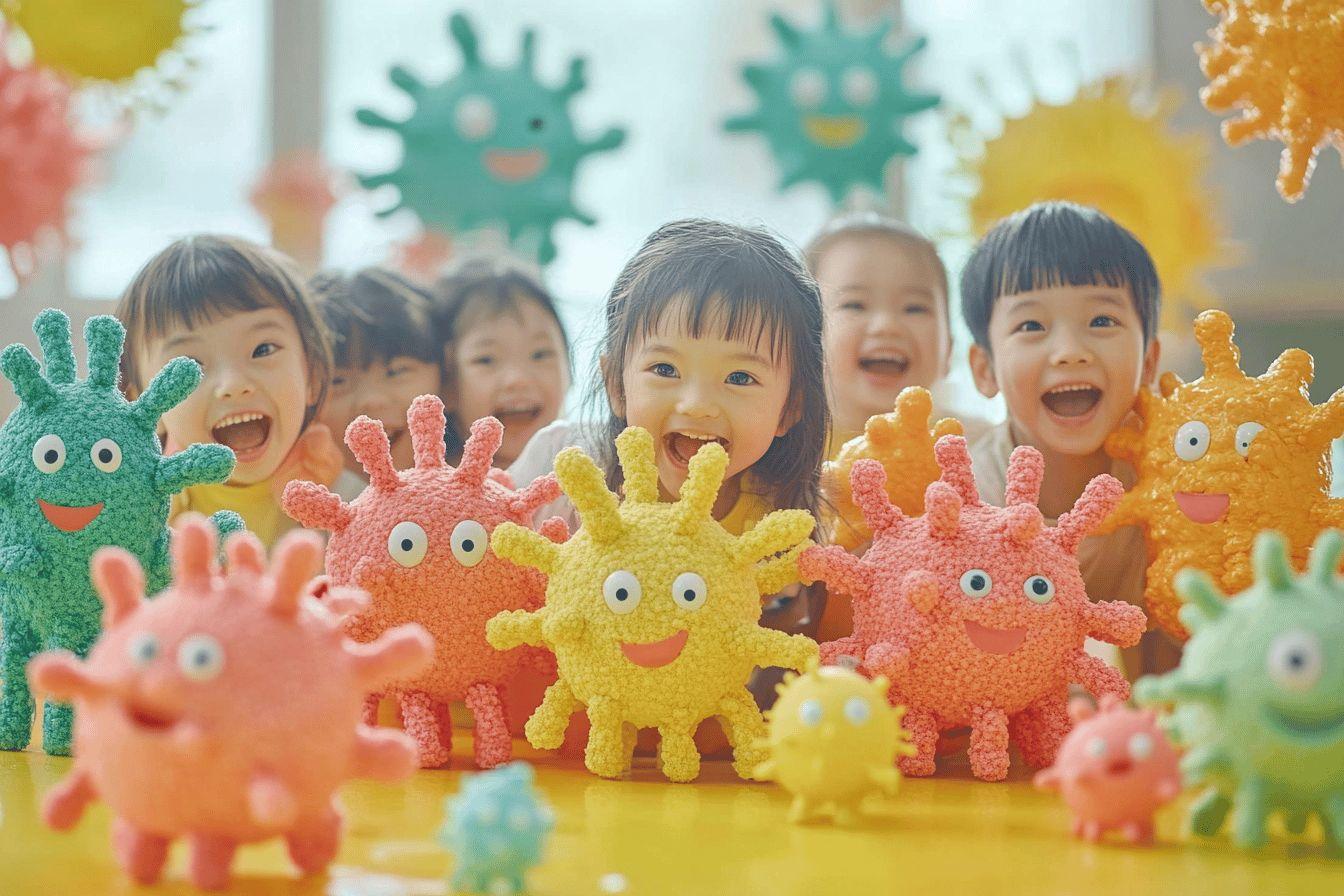 Groupe d'enfants rieurs entourés de figurines de microbes colorés