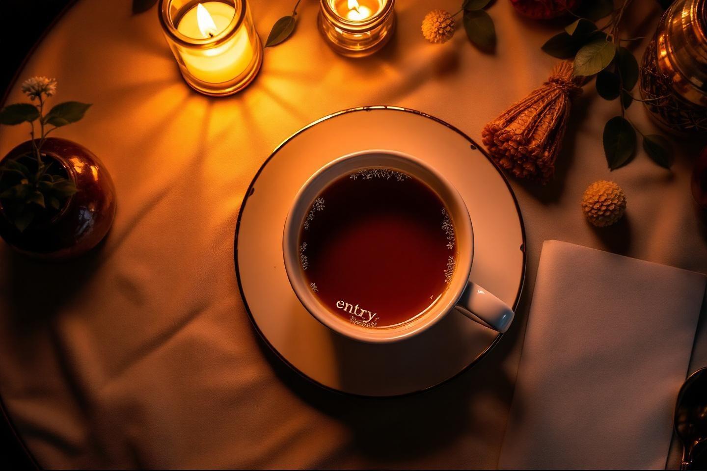Tasse de thé avec bougies et décoration d'automne