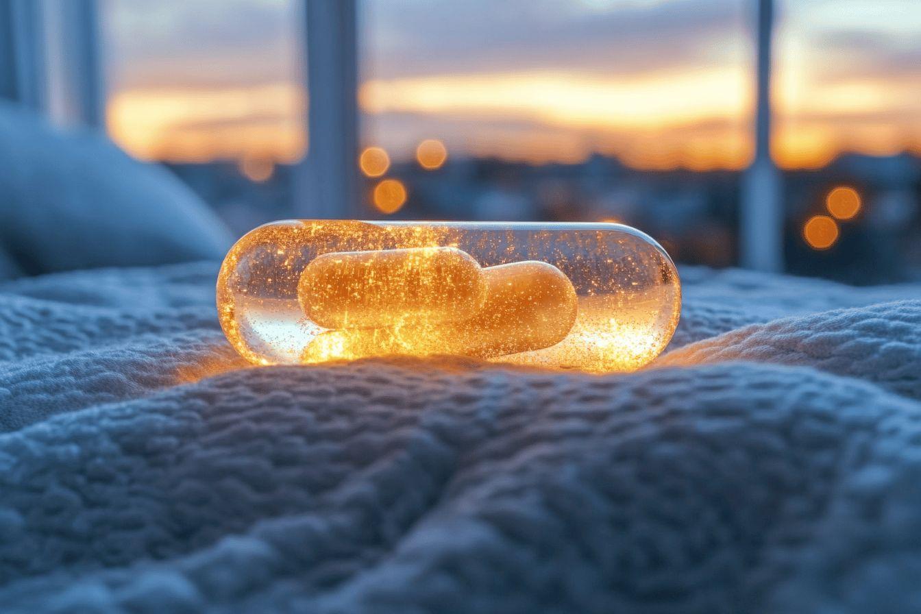 Pilule translucide brillante sur tissu texturé au coucher du soleil