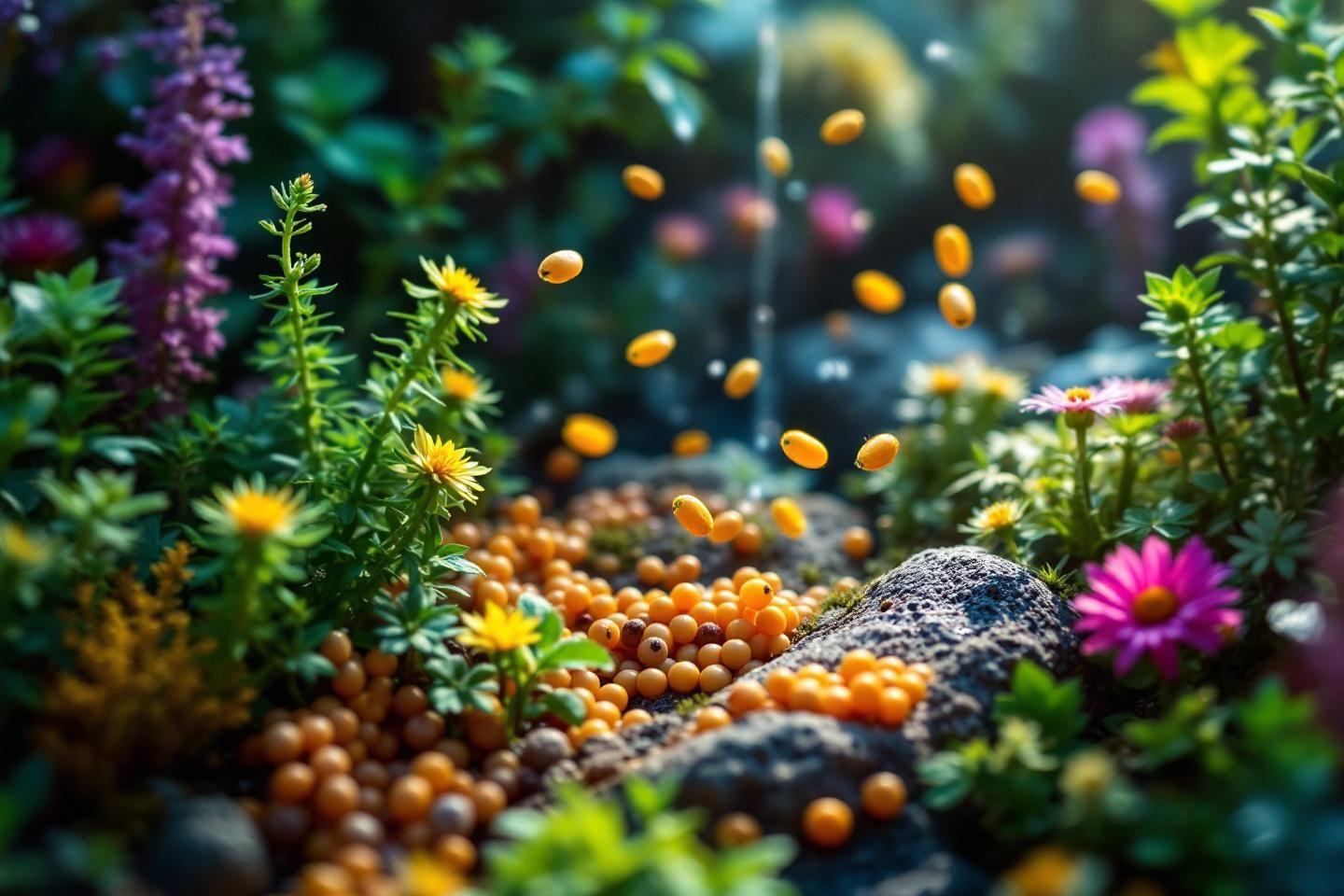 Baies orangées tombant sur un rocher entouré de fleurs