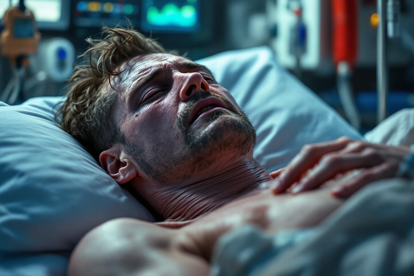 Homme malade, allongé, yeux fermés, dans un lit d'hôpital