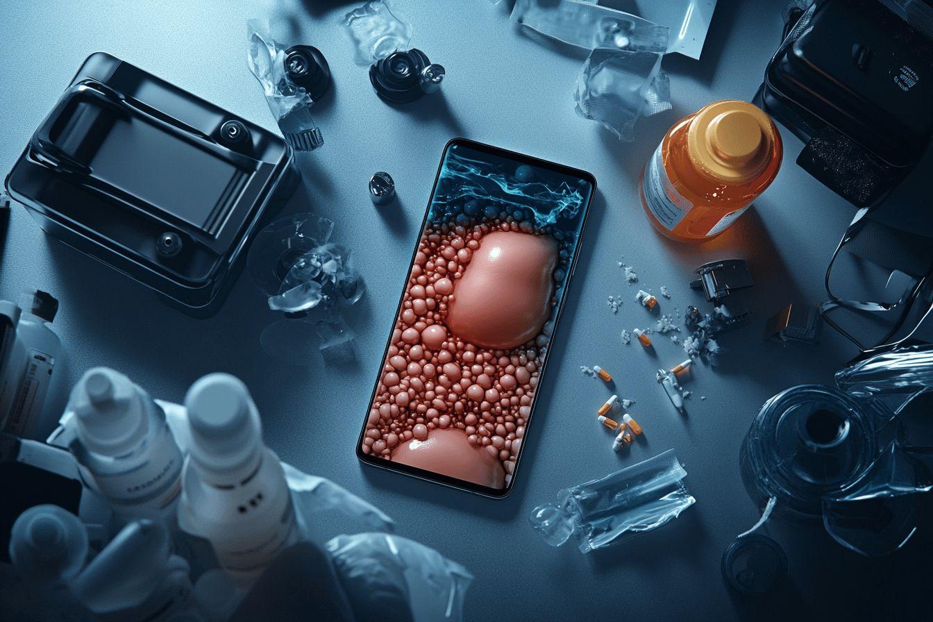 Smartphone entouré d'équipements médicaux et de flacons