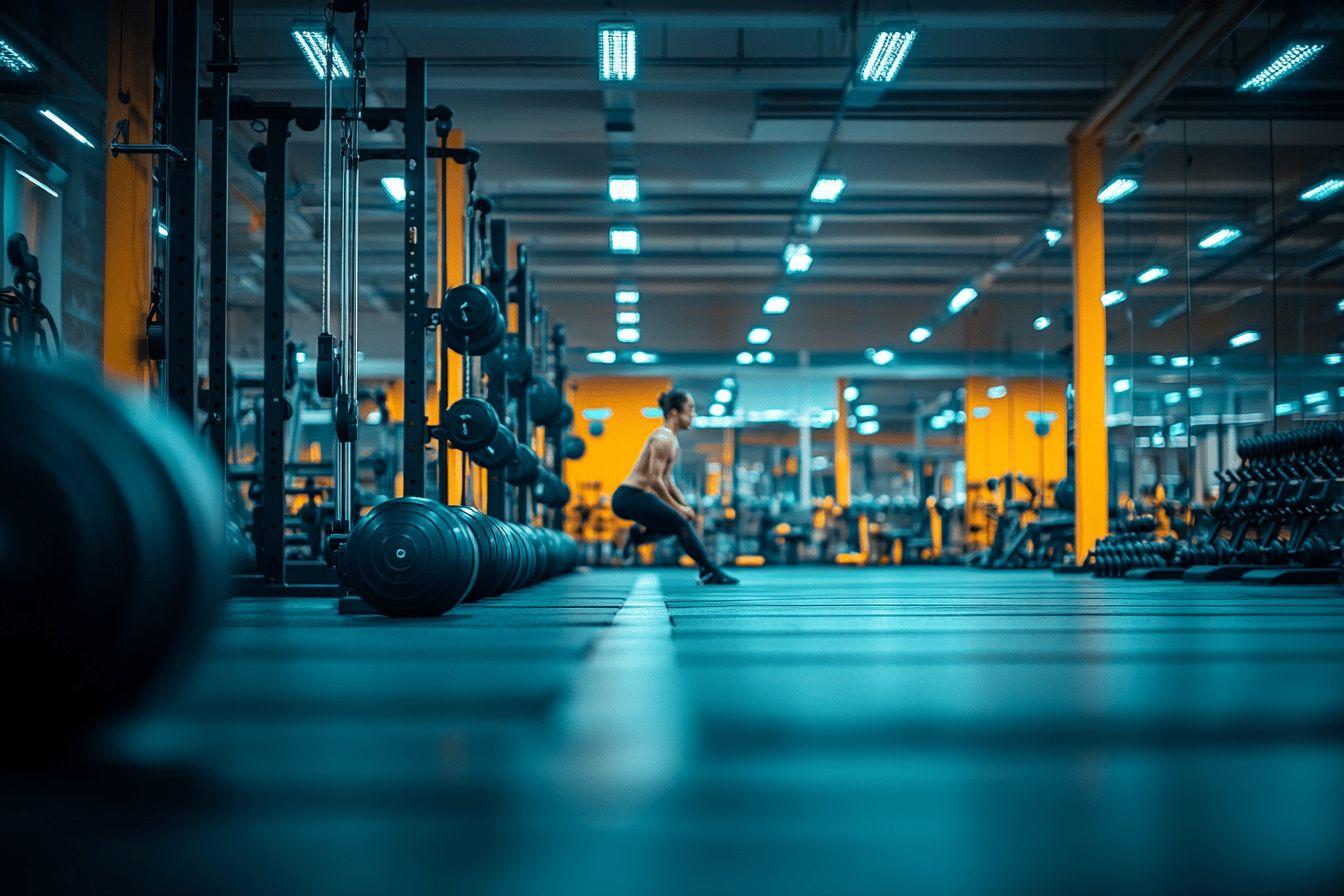 Équipements de fitness dans une salle aux lumières bleues et jaunes