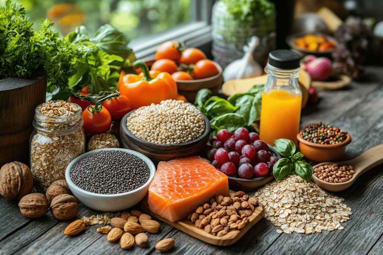 Fruits, légumes, céréales, noix et graines sur une table en bois