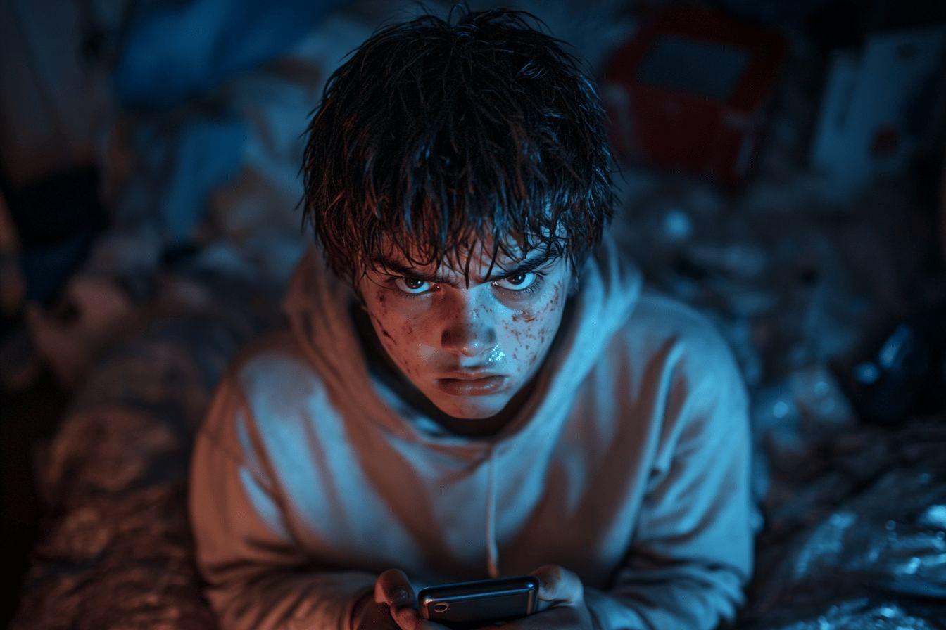 Jeune personne concentrée, éclairage bleu, tenant un smartphone
