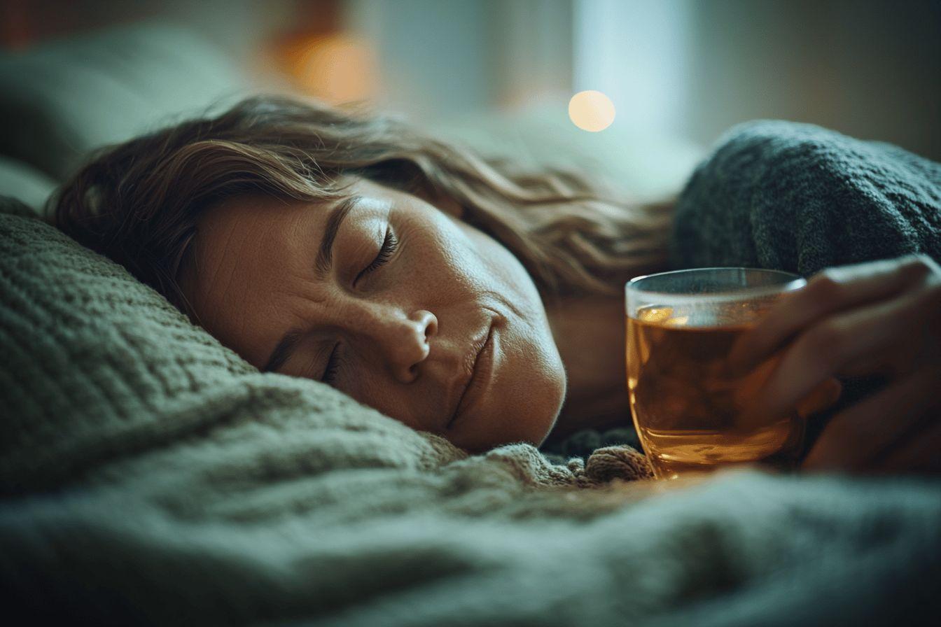 Personne endormie sous une couverture près d'une tasse de thé