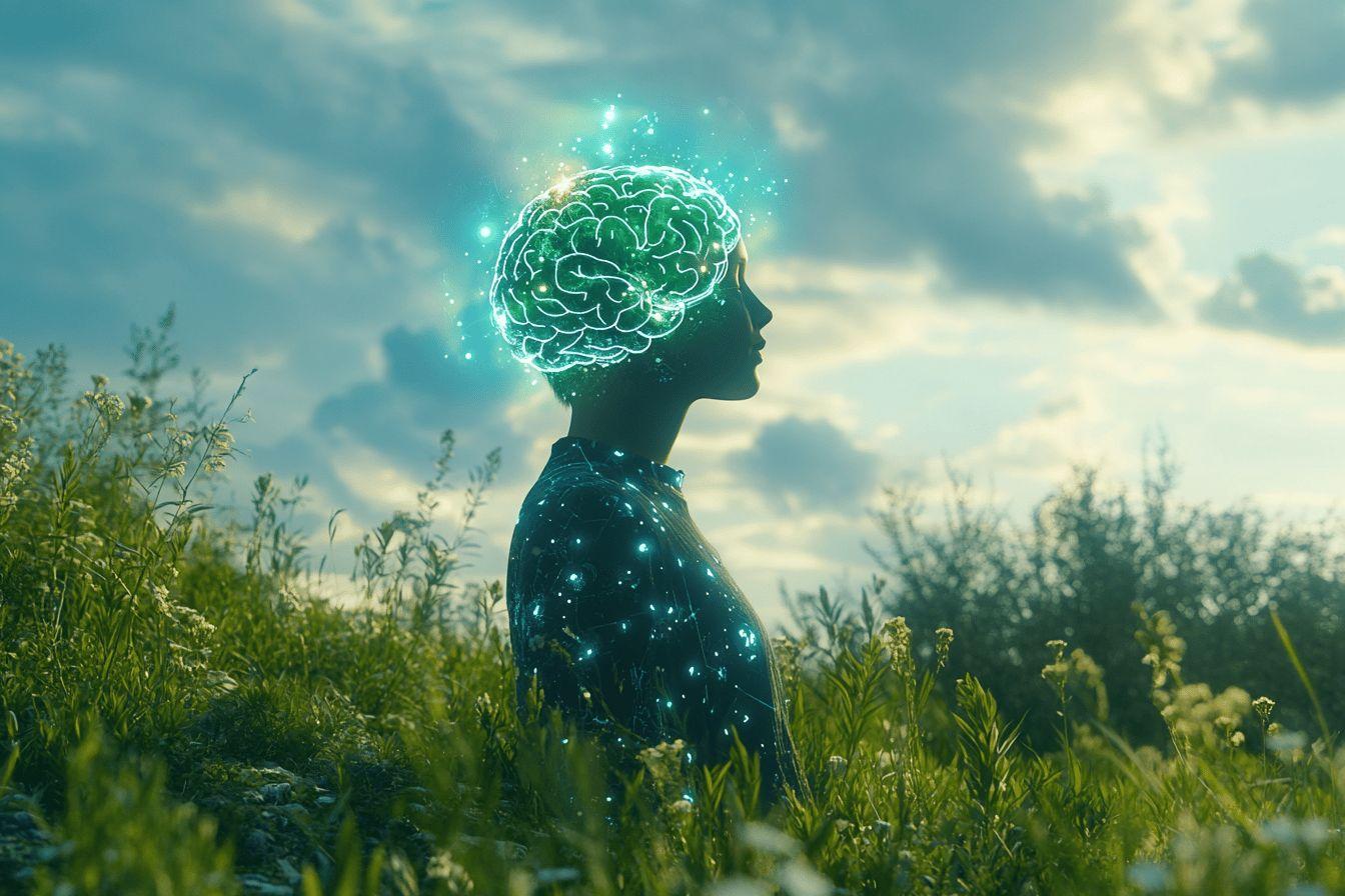 Silhouette avec cerveau lumineux dans un champ verdoyant
