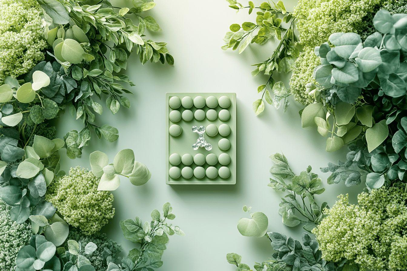 Composition avec boules vertes et feuillages sur fond vert dégradé