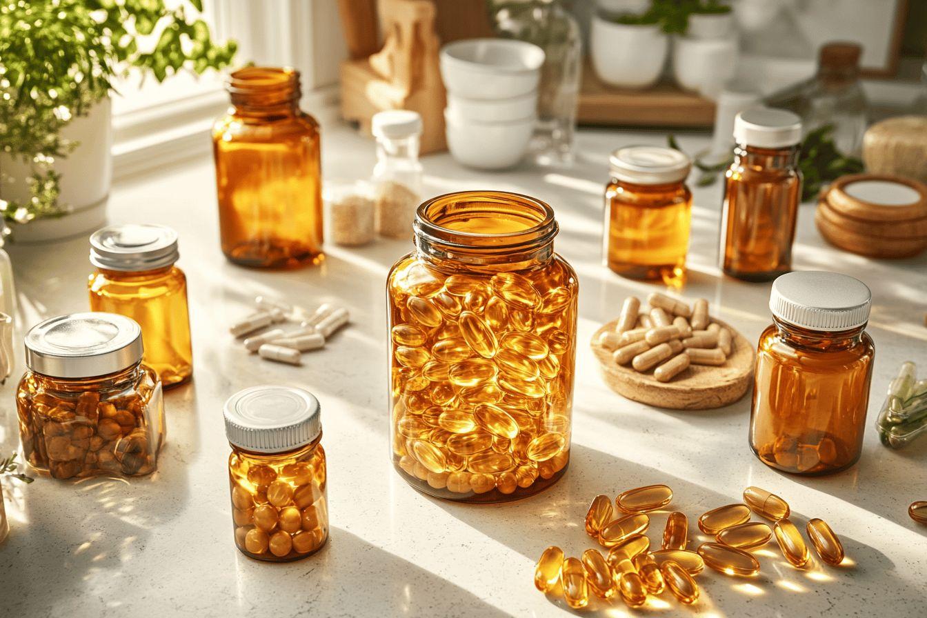 Divers flacons ambrés remplis de capsules brillantes sur comptoir