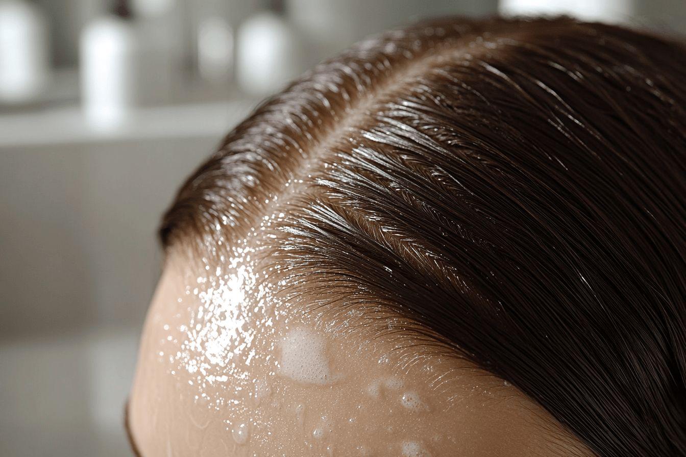Cheveux humides avec des gouttelettes d'eau sur la peau
