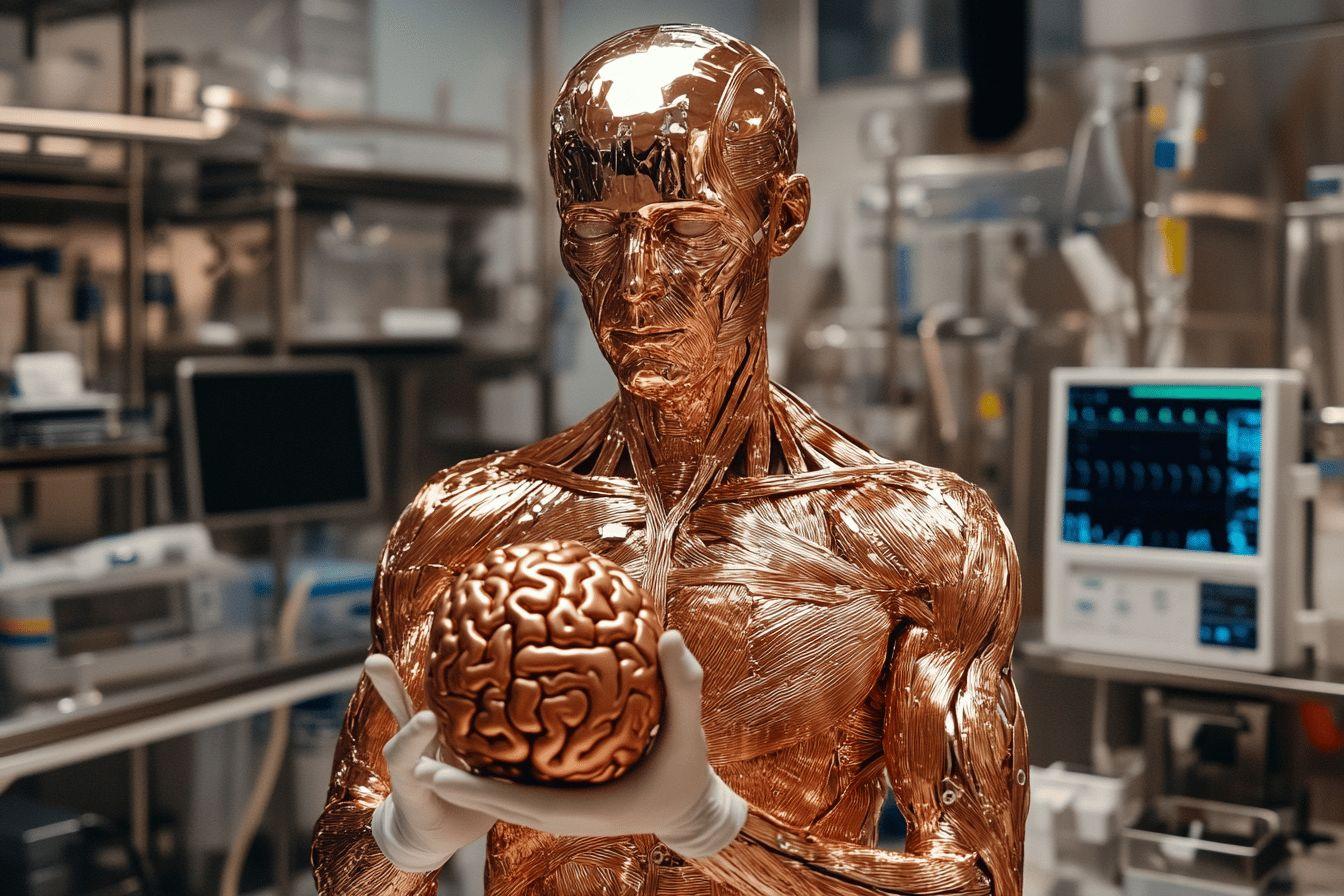 Statue métallique tenant un cerveau dans un environnement médical
