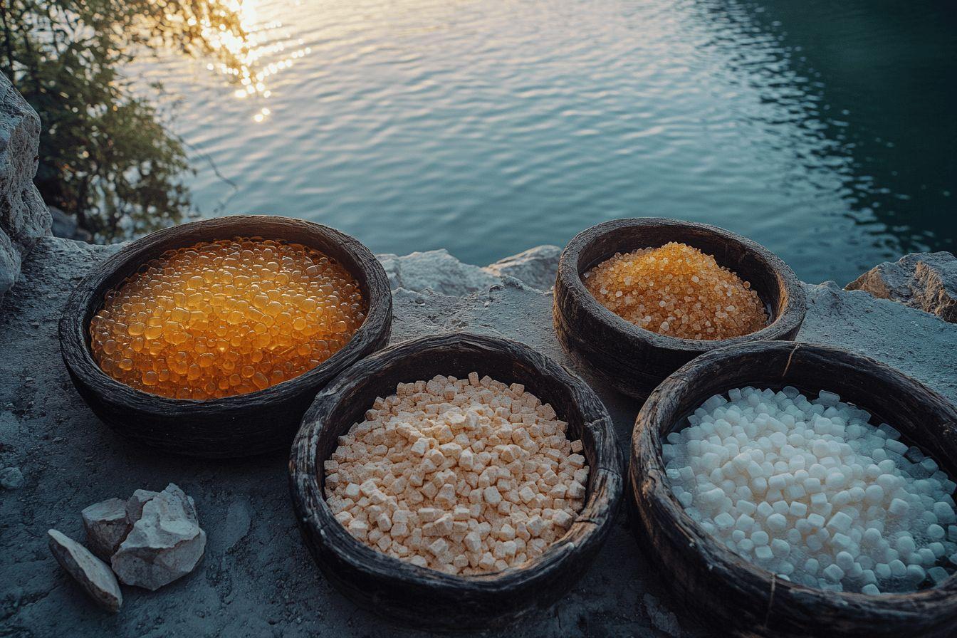 Bols en bois remplis de cristaux colorés au bord de l'eau