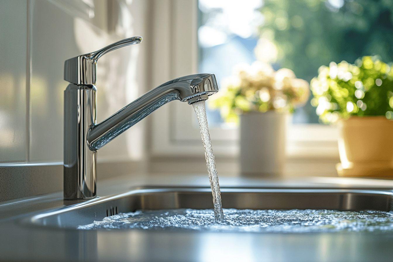 Robinet chromé déversant de l'eau dans un évier moderne