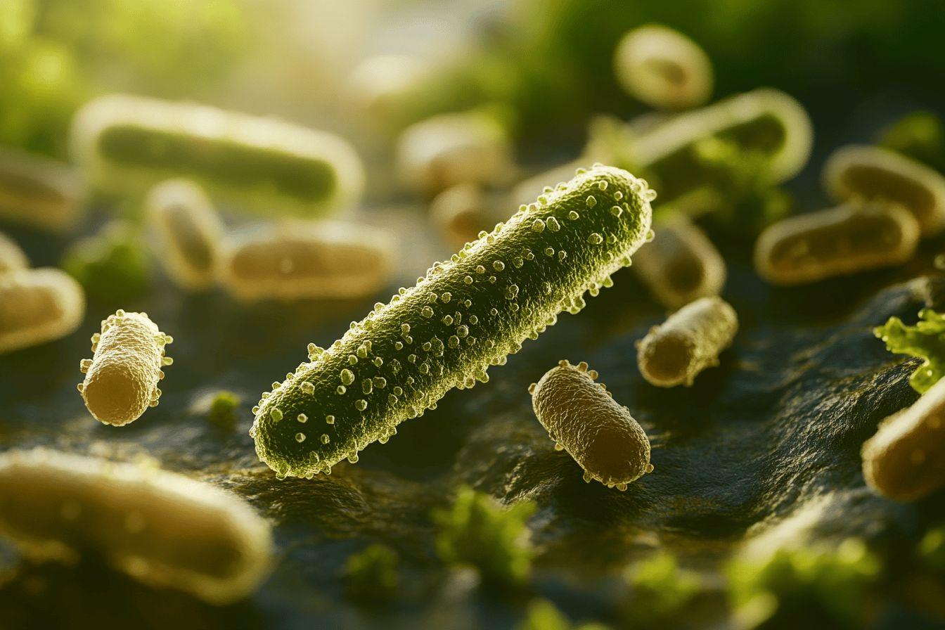 Bactéries allongées vertes avec texture granuleuse sur surface sombre