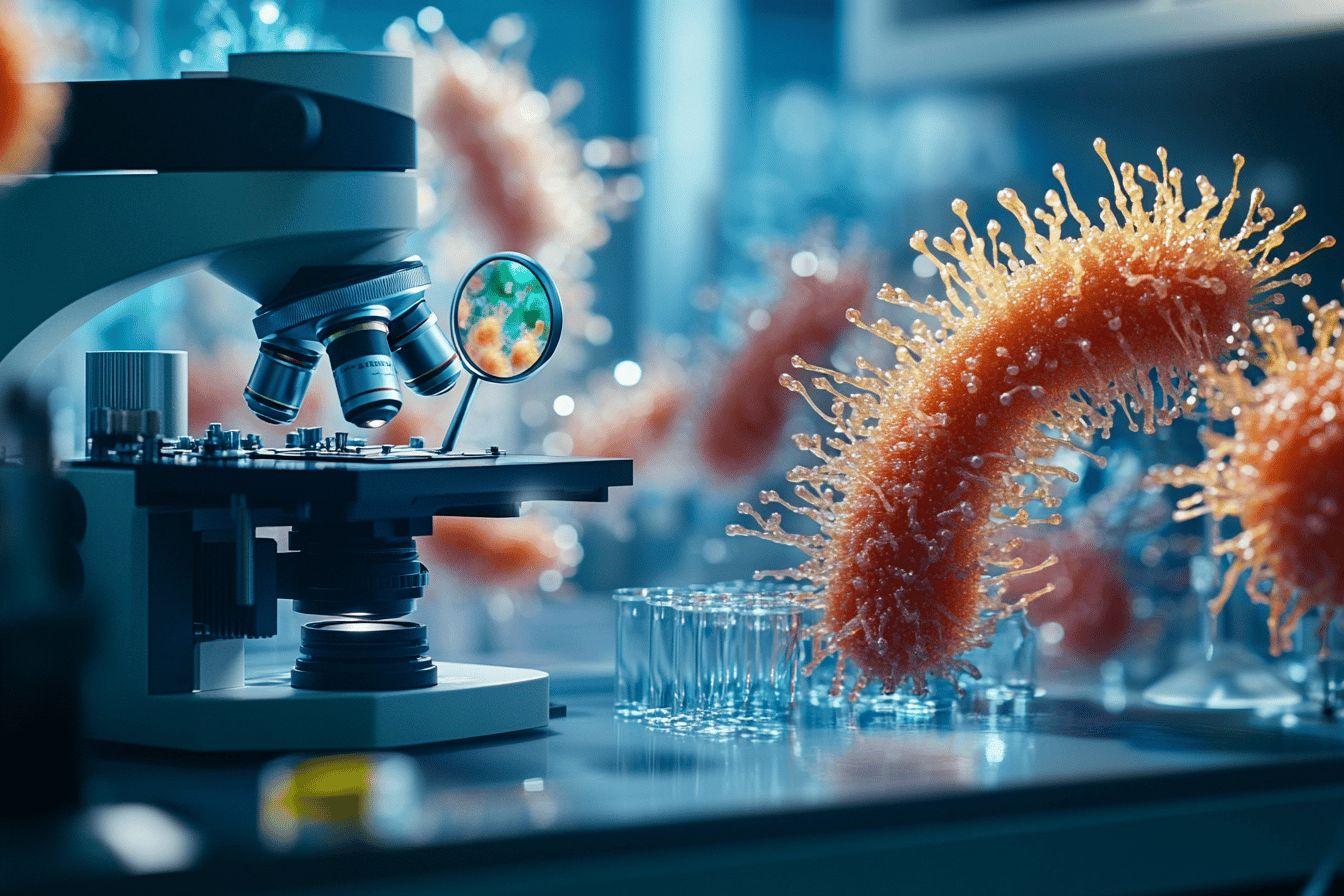 Microscope moderne avec représentation agrandie de cellule virale