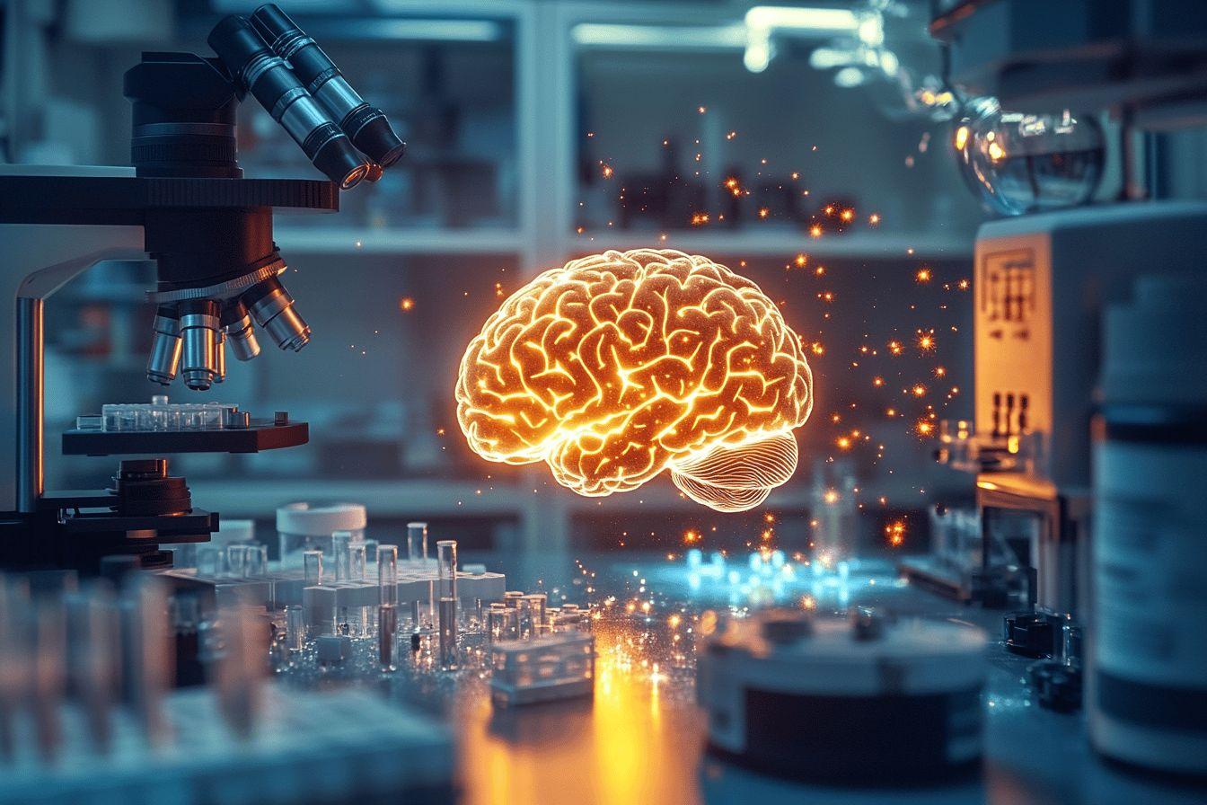 Cerveau lumineux au milieu d'instruments scientifiques et microscope