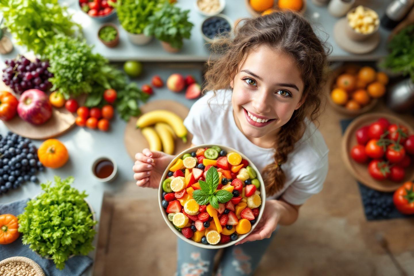 Jeune femme souriante présentant un bol de fruits multicolores