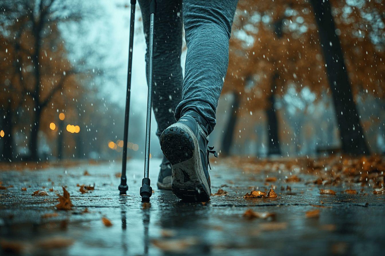 Jambes en mouvement, béquille, feuilles tombantes, temps pluvieux