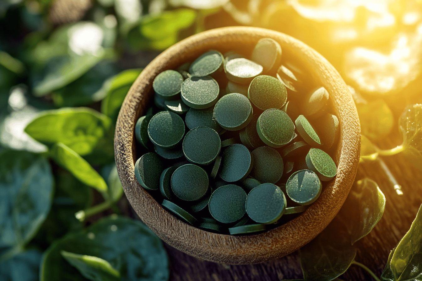 Comprimés ronds verts disposés dans un bol en bois