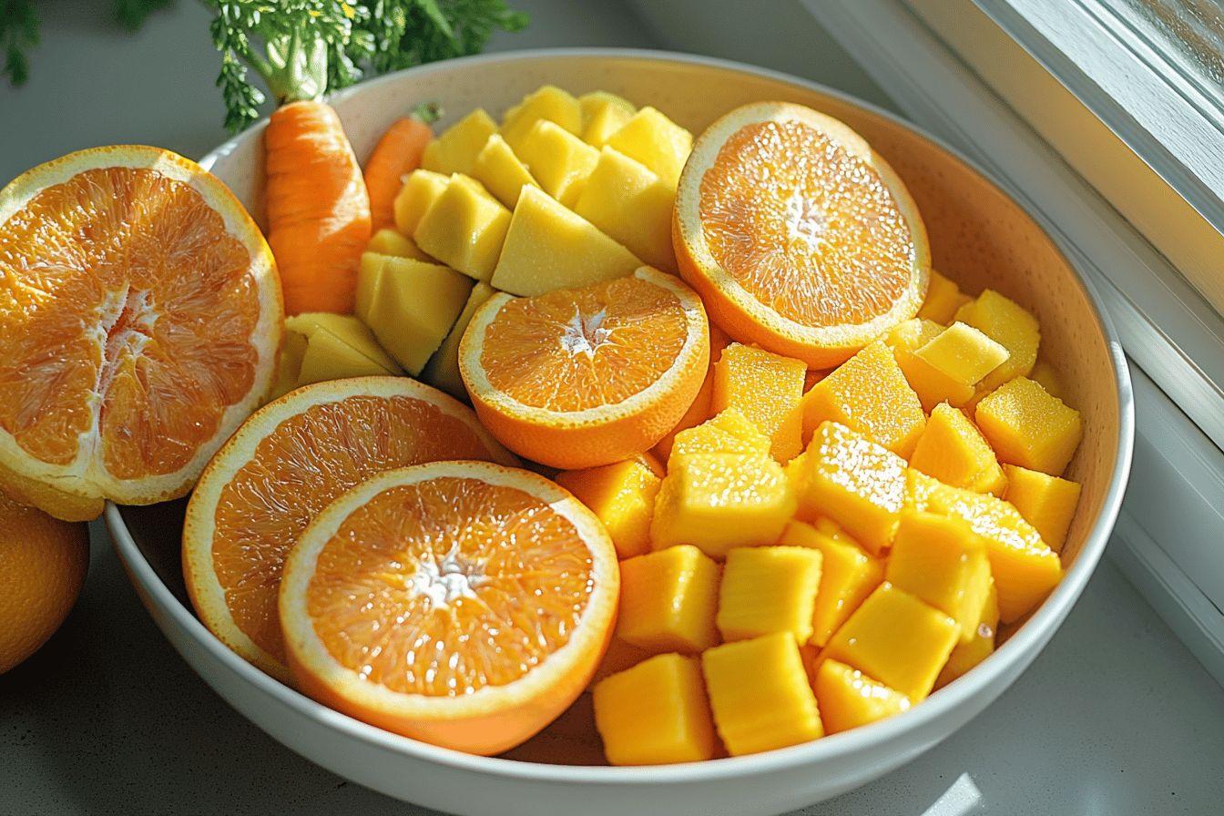 Bol blanc rempli d'oranges juteuses et de cubes de mangue dorée