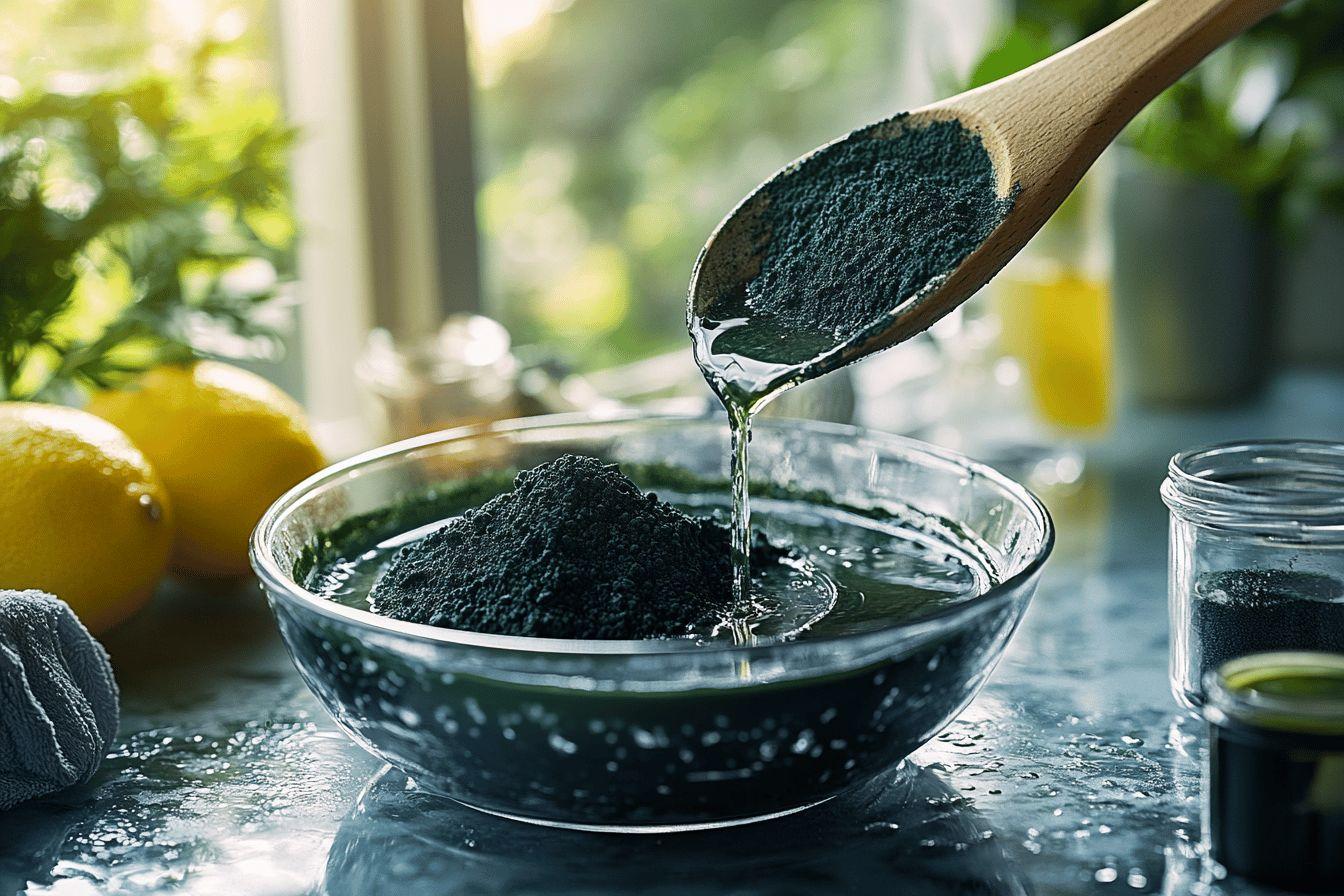 Cuillère versant une poudre sombre dans un bol en verre