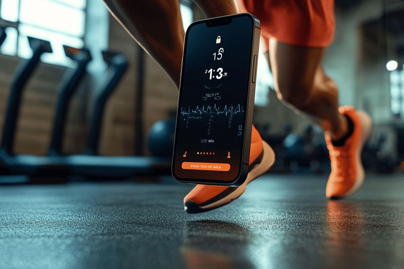 Smartphone montrant des données de performance près de chaussures de sport